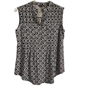 Ava & Grace Black White Sleeveless Quarter Button Top Women's Petite Medium